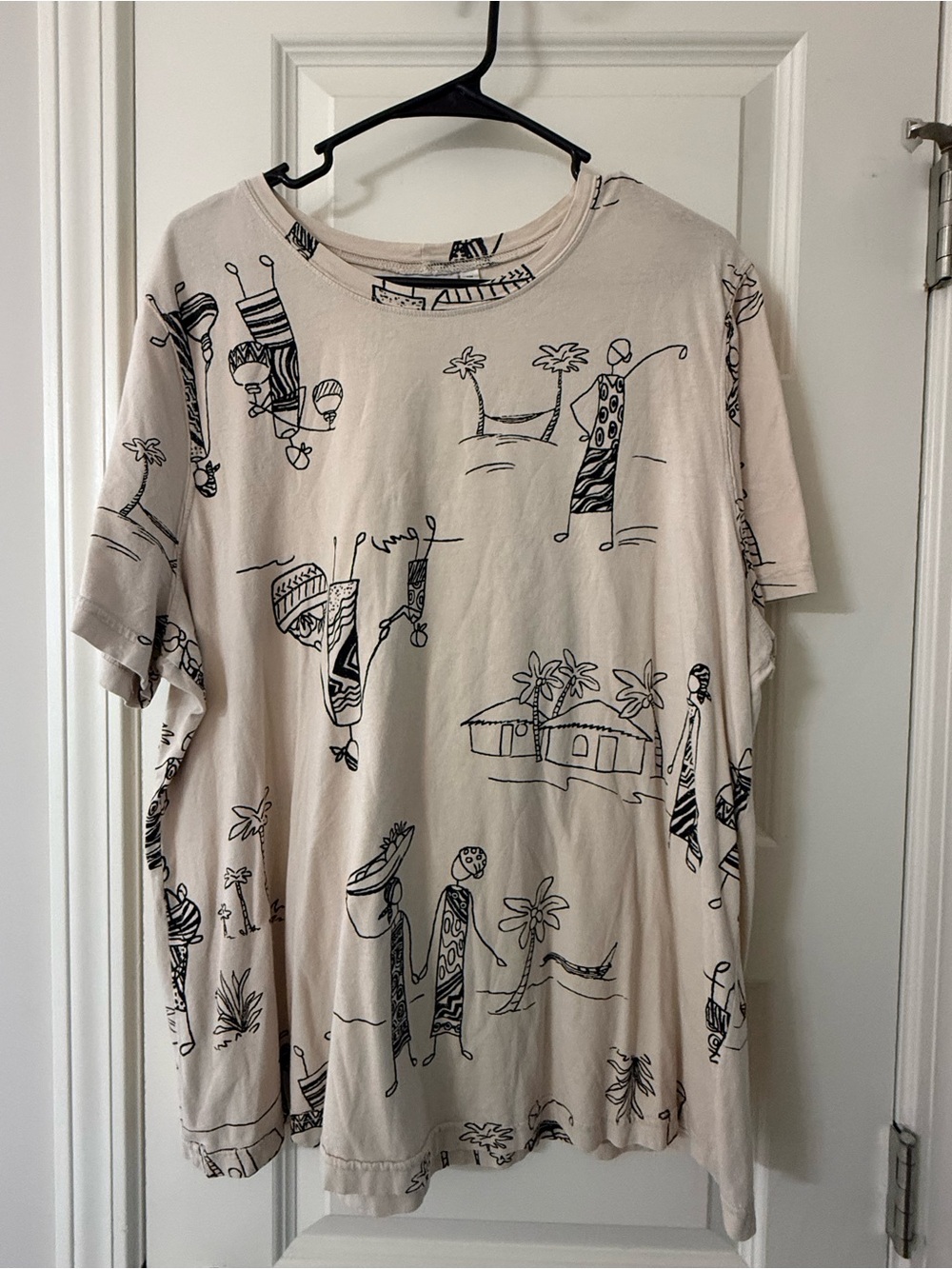 Vintage Hot Cotton Marc Ware Beige Island Sketch Lagenlook T-Shirt Plus Size 1X